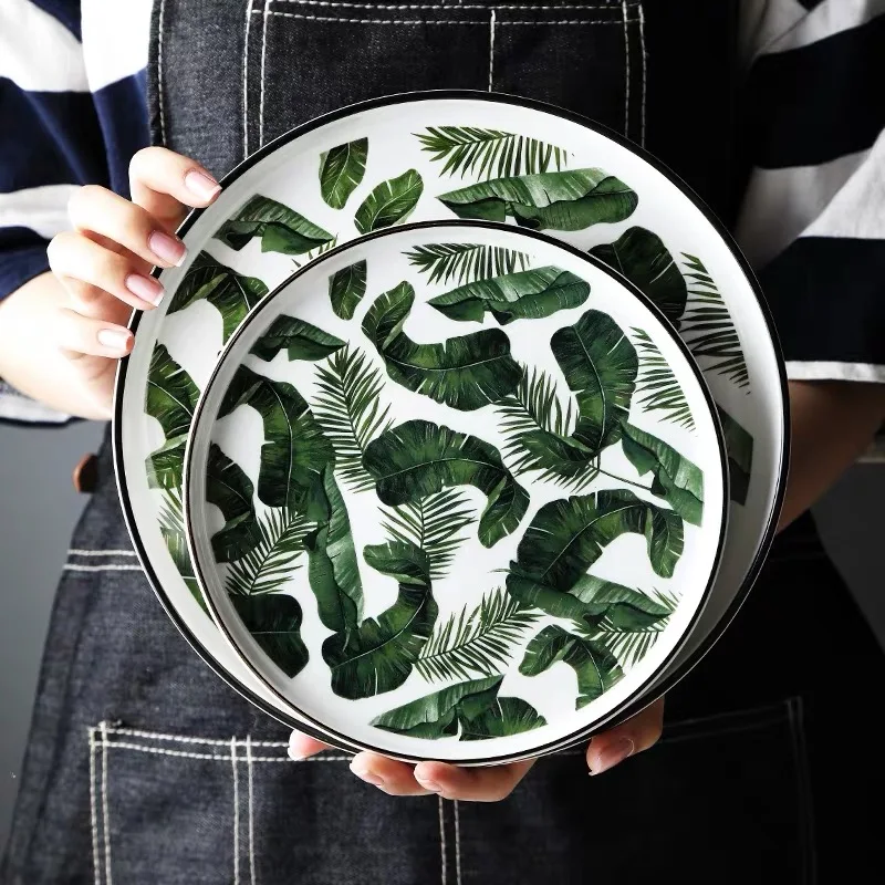 8 and 10 inch Ceramic Dinner Plate Green Leaf Tableware Dinnerware set Flat Dessert Snack Dish | Дом и сад