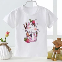 kawaii cat milk tea printed kids t shirt super cute cartoon fashion trend t shirt oversized summer girl boy casual baby clothes