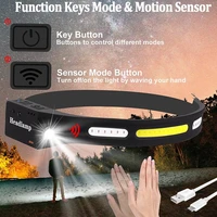 motion sensor cob headlamp with red light powerful head lamp type c fast charging headlight camping light with built in battery