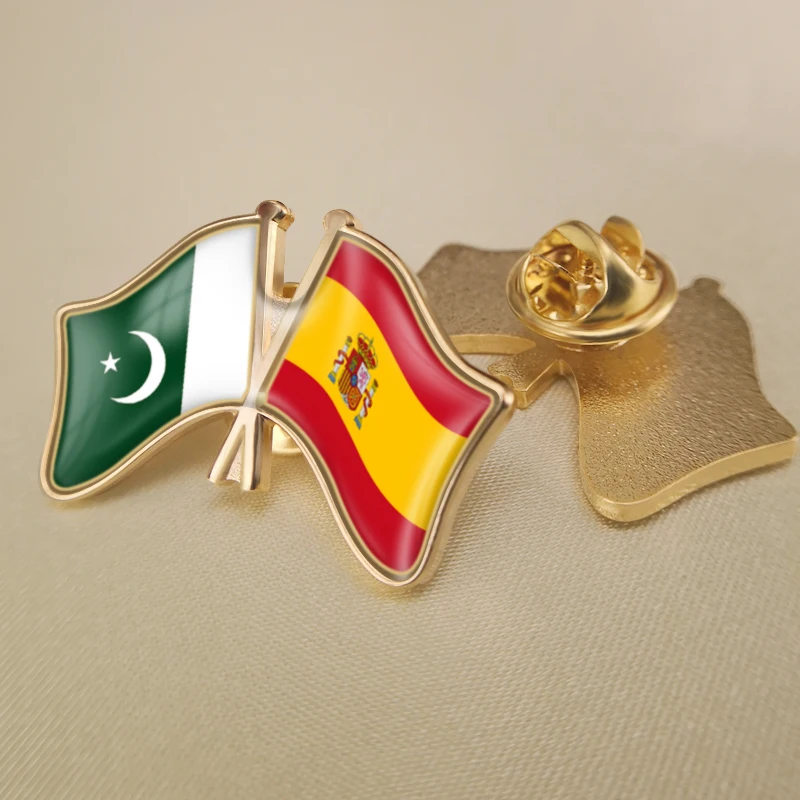 

Pakistan and Spain Crossed Double Friendship Flags Lapel Pins Brooch Badges
