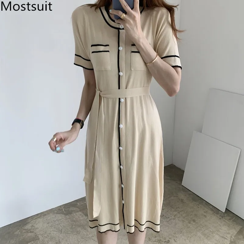 

2020 Autumn Korean Knitted Color-blocked Women Dress Short Sleeve O-neck Belted Single-breasted Dresses Vintage Elegant Vestidos