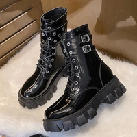 2021 europe pu winter boots for woman ankle high top shoes women square heel thick sole lace up black boots female martin boots