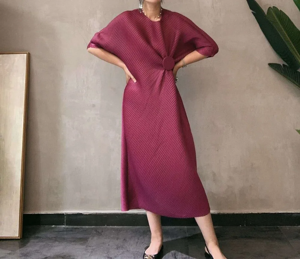 Miyake модное платье на запястье с коротким рукавом, с блестками, с круглым вырезом, со складками, на пуговицах, прямое платье