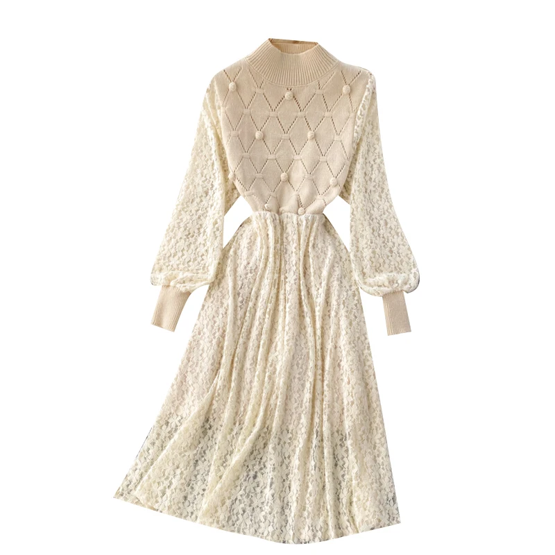 

French Sweet Lace Dress Women Chic Splice Knitted Stand Collar Puff Sleeve Dress Autumn Korean Streetwear A-line Dress