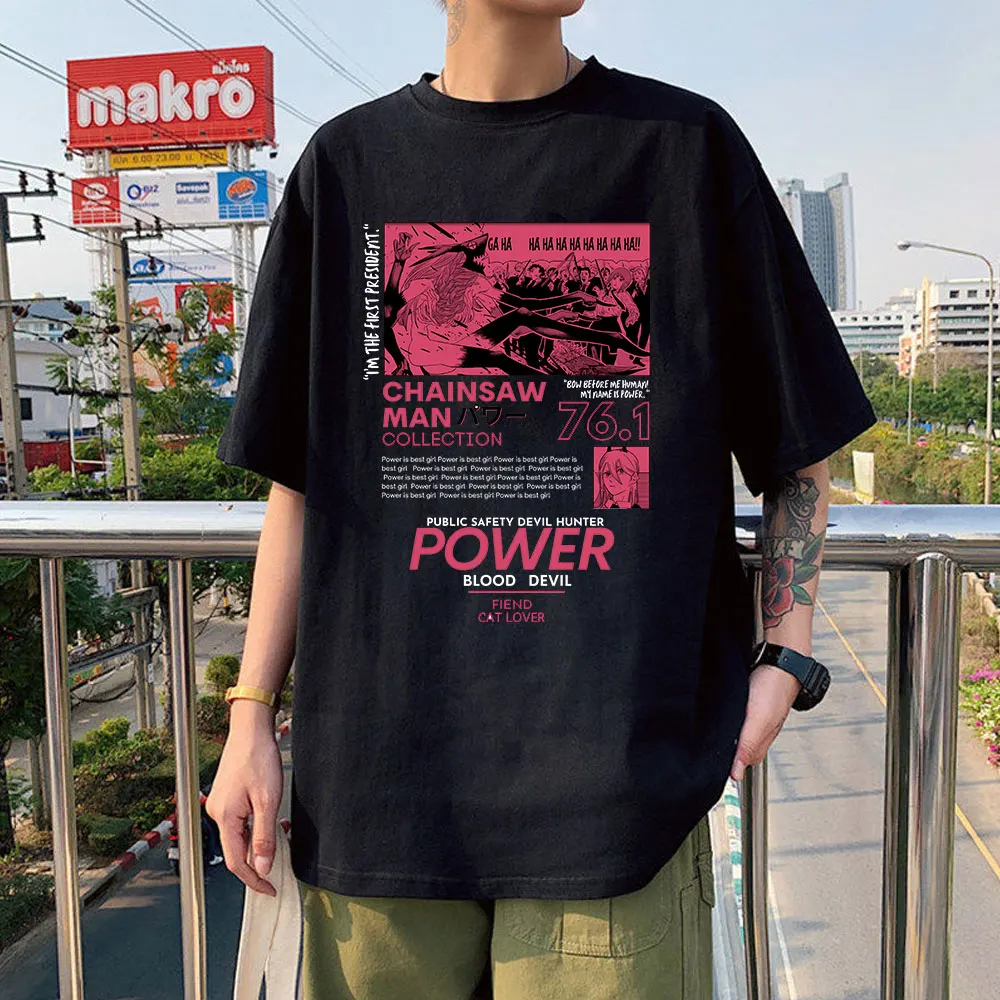 

100% Cotton Chainsaw Man Power T Shirt Men Aesthetic Couple Graphic Tees Tops Men Women Oversized Short Sleeve T-shirt Harajuku