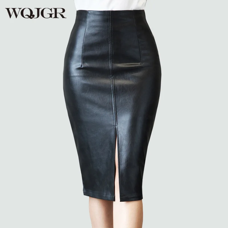 WQJGR Весенняя и летняя юбка-карандаш из искусственной кожи, Женская юбка-карандаш до колена, офисная юбка-карандаш длиной до колена размера п... carla g юбка до колена