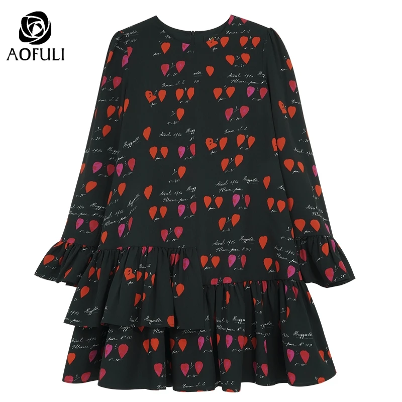 L ~ 4XL 5XL гофрированное Платье с принтом в виде сердца 2019 раннее осеннее платье