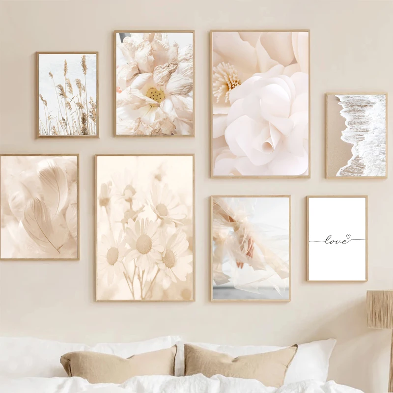 

Bohemian Nature Landscape Print Poster Beige Flower Palm Leaf Promenade Beach Canvas Oil Painting Wall Art Living Room Decor