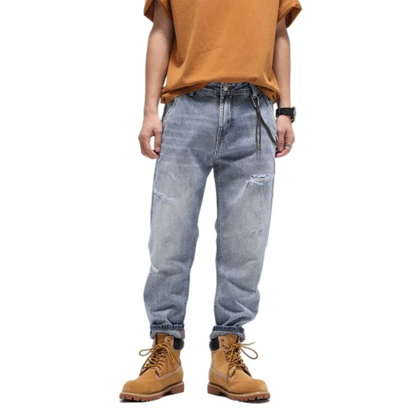 Jeans Men's Loose Straight Light-Colored Wide-Legged Ankle-Length Denim Pants Men's Street Fashion Brand Retro Ripped Jeans