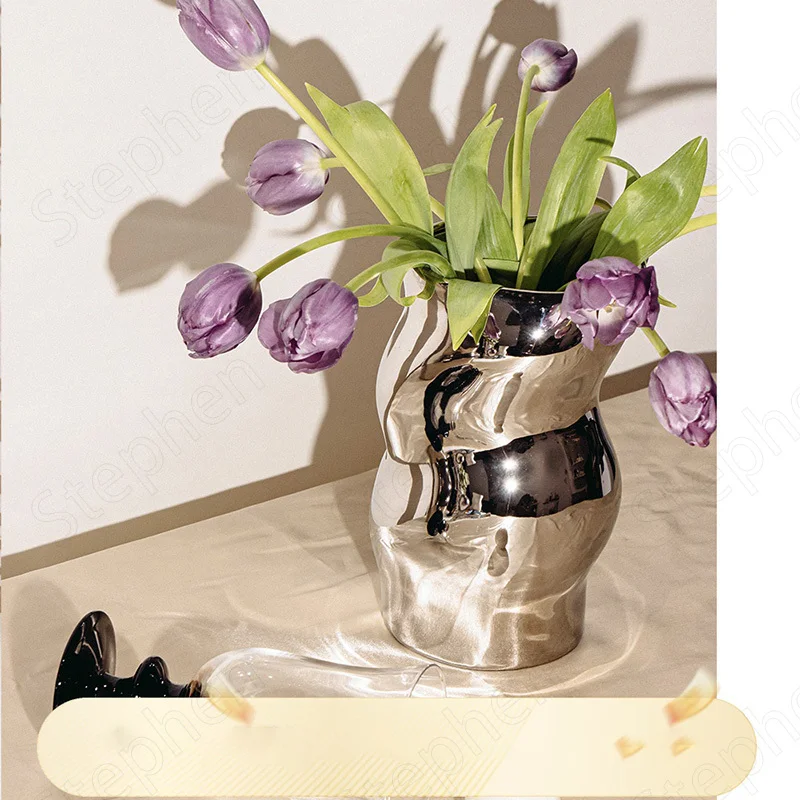 

Silver Plating Process Vase Nordic Modern Ceramic Shaped Vases Bedside Desktop Art Flower Pots Decorative Living Room Decoration