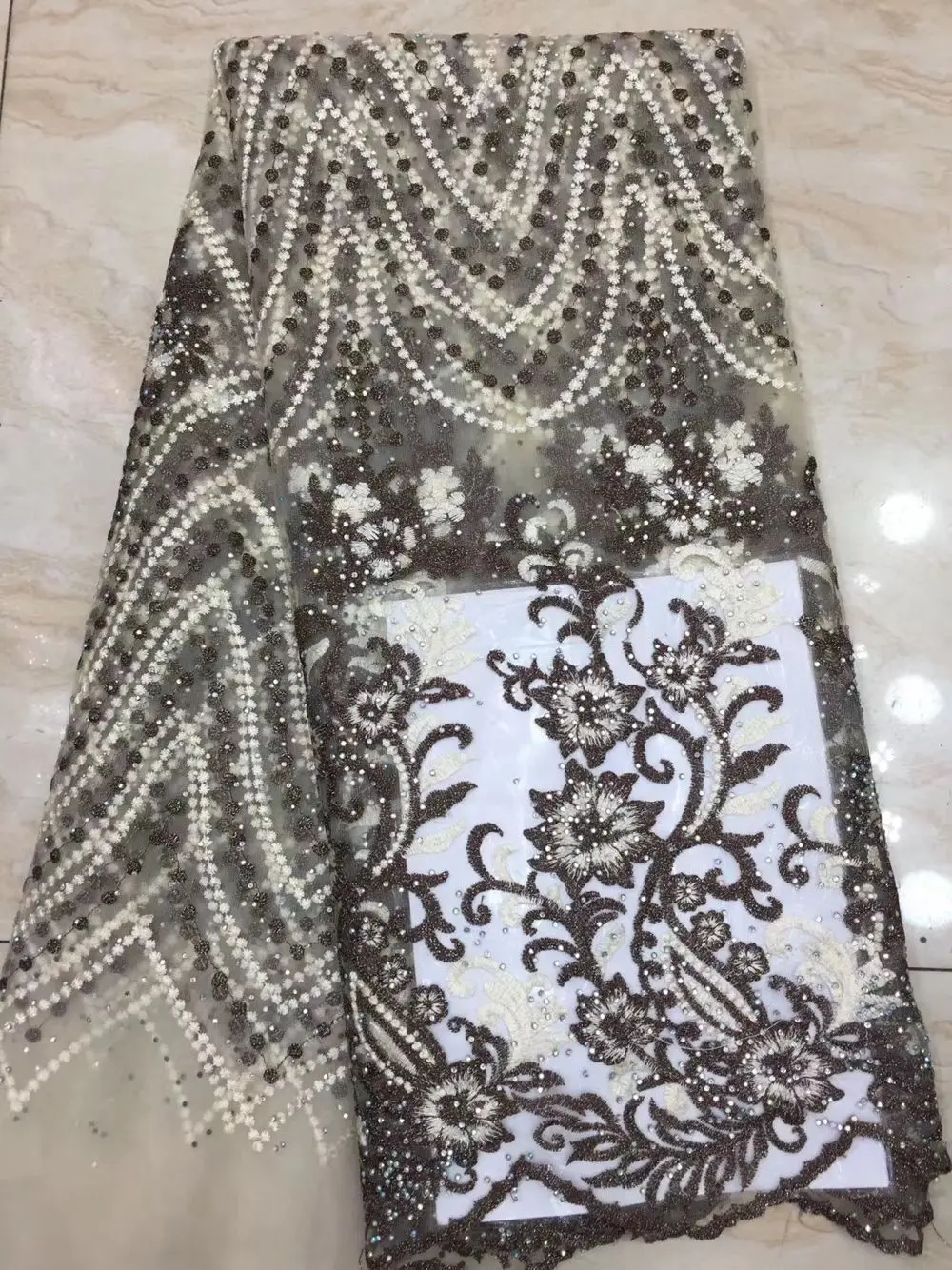 

Elegant Tulle Lace Cloth Embroidery French Net Lace Fabric With Rhinestones For Evening Dress PAN352 (5Yards/lot)