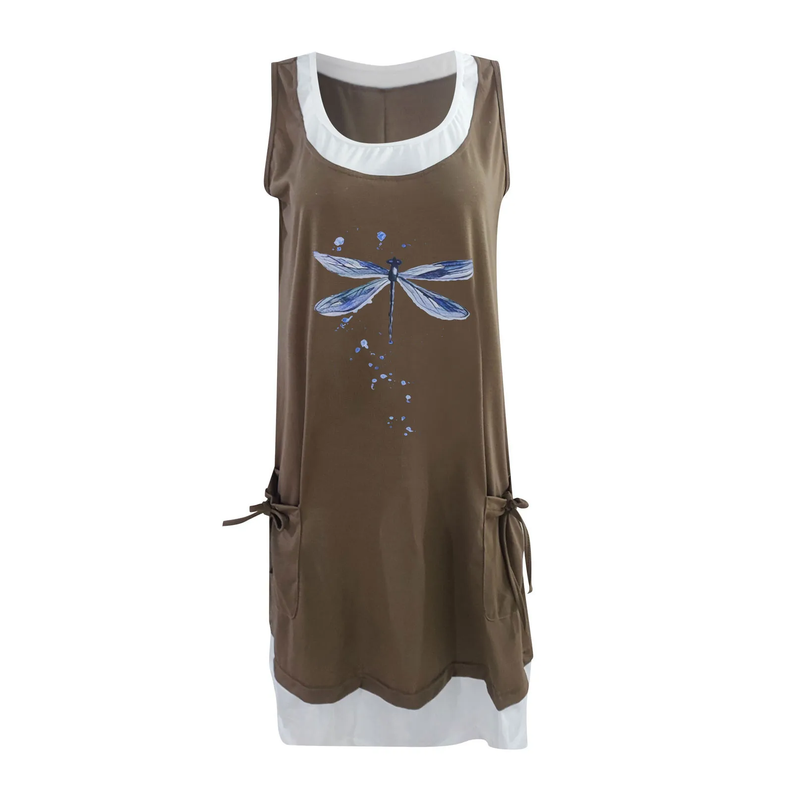 

Womens Summer Casual Round Neck Animal Print A-line Knee-length Dresses Fake Two Piece Pocket Dress Holiday Beach Dress Vestidos