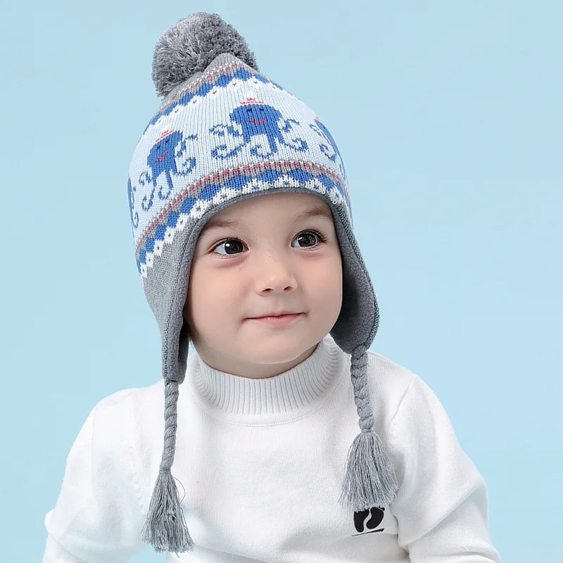 Зимняя шапка для мальчиков вязаная ушанка осенняя Теплая Лыжная с помпоном