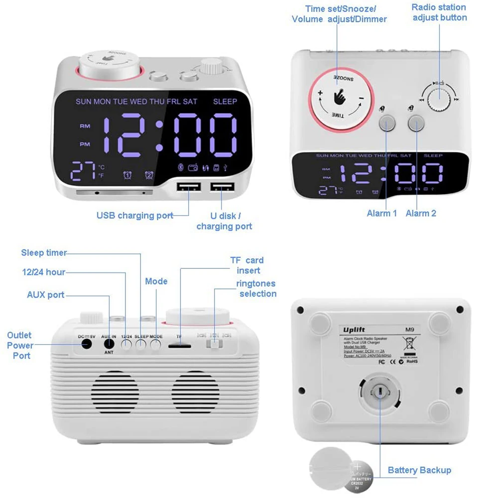 

Digital Alarm Clock Bluetooth Speaker FM Radio Temperature Snooze Brightness Dimmer for Bedroom Sleep Timer Bluetooth Clock