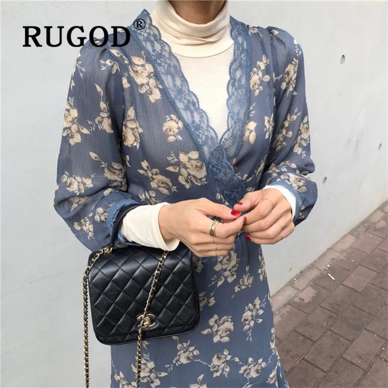 Женское ретро-платье RUGOD корейское цветочное Макси-платье с длинными рукавами