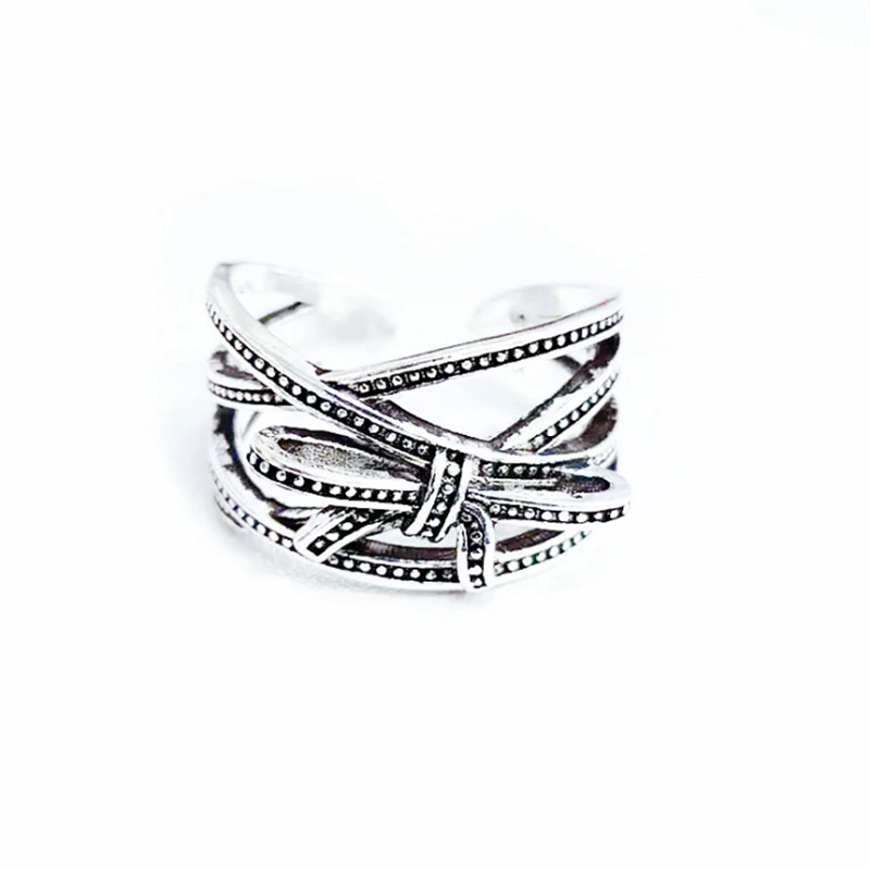 

Party Vintage Black Punk Luxury Designer Adjustable Women's Ring Bow Knot Geometry Thai Multi-layered Finger Ring Weave