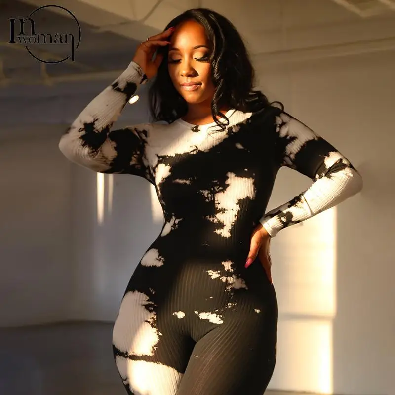 

Inwoman Fall Winter Graphic Print Ribbed Black Jumpsuit Sexy One Piece Club Outfits For Women 2021 Long Sleeve Bodycon Jumpsuit