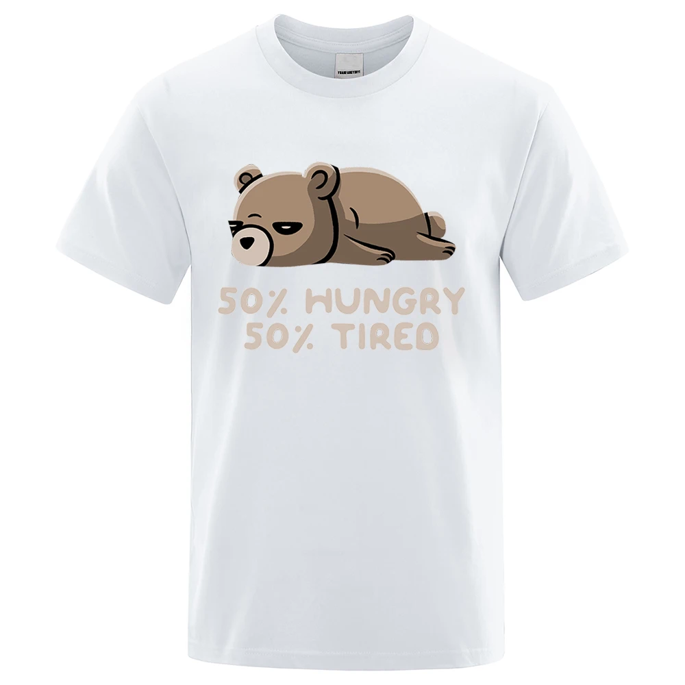 

T-shirt men's 50% hungry 50% tired cartoon bear print hip hop fashion streetwear causal comfortable T-shirt loose simple men's t