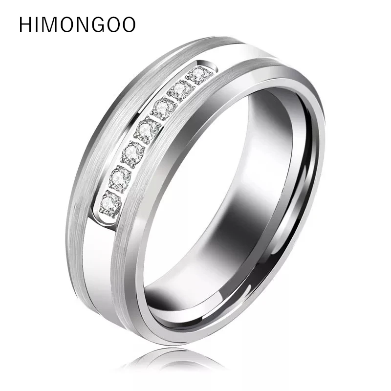 

8MM Sliver Men's Tungsten Carbide Ring Wedding Band Inlay AAA Zircon
