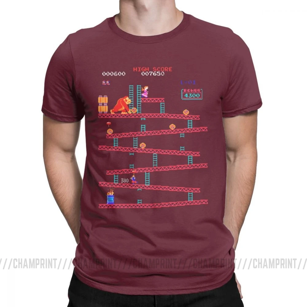Футболки Donkey Kong для мужчин, аркадная игра, коллаж, винтажные футболки из чистого хлопка, вырез лодочкой, с коротким рукавом в стиле ретро, футболка, большие размеры, Забавные топы - Цвет: Бургундия