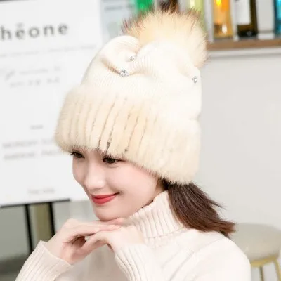 beige Glaforny Женская однотонная норковая меховая шапка зимняя Корейская версия вязанная шапка Милая Джокер норковая утолщенная шерстяная шапка - Цвет: beige