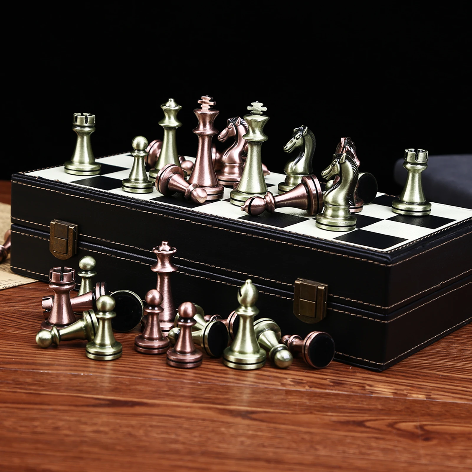 

International Chess Set, Classic Folding PU Leather Board and Wood Pieces Kit, Standard Board Game Collection Gift for Kids