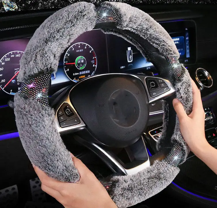 

Plush diamond handle cover warm color diamond winter car steering wheel cover