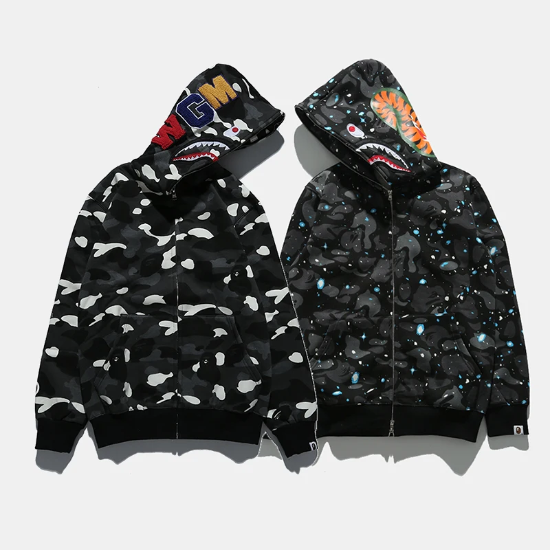 

3D Shark Starry Luminous Hoodies WGM Plush Embroidery Night Lighting Hooded Hip Hop Outwear Coat