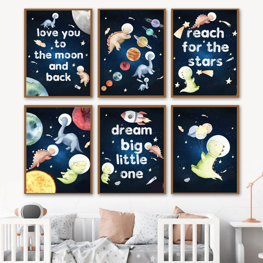 

Cartoon Space Planet Rocket Dinosaur Quotes Nursery Wall Art Canvas Painting Posters And Prints Decor Pictures Child Kids Room