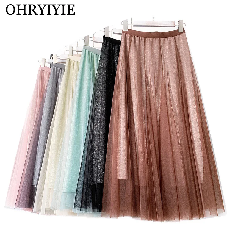 OHRYIYIE 6 цветов тюлевые юбки для женщин новинка 2020 весна лето сетчатые миди с