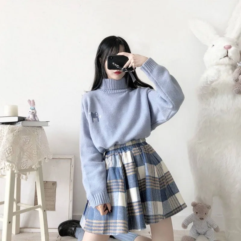 Kawaii Harajuku Vintage Woolen Plaid Skirts Women Clothes 2022 New Style High-waisted A- Line Pleated Puffy Short Skirt Sheath | Женская