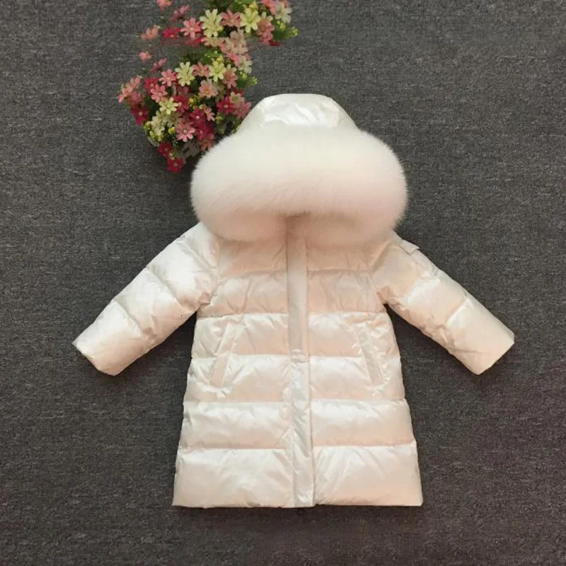 White Fox White Пальто с меховым капюшоном для девочек, Россия-30 зимняя теплая пуховая куртка детское длинное пальто для маленьких мальчиков ветрозащитная детская одежда Зимний комбинезон - Цвет: White Fox White