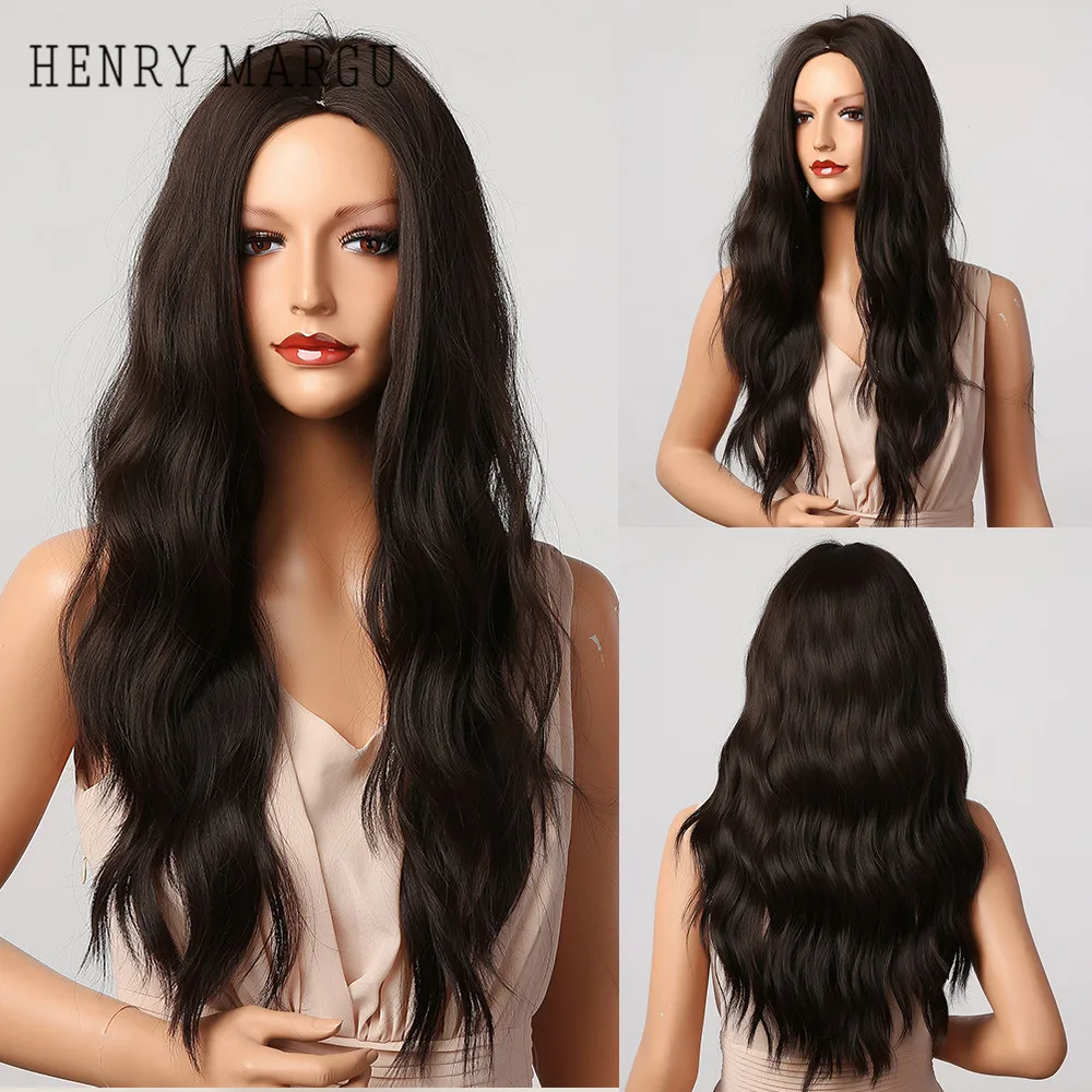 

HENRY MARGU Ombre Black Brown Wavy Synthetic Wig Long Natural Wigs for Women Afro Middle Part Cosplay Party Wigs Heat Resistant