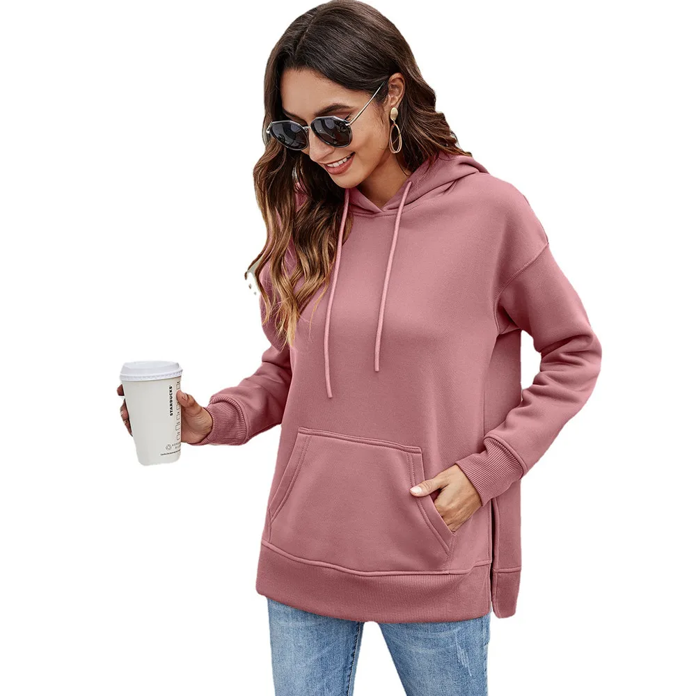 

2021 Autumn Winter Split Front Short Back Long Hooded Sweatshirt Women Casual Loose Pure Color Pullover Hooded Hoodies Moletom