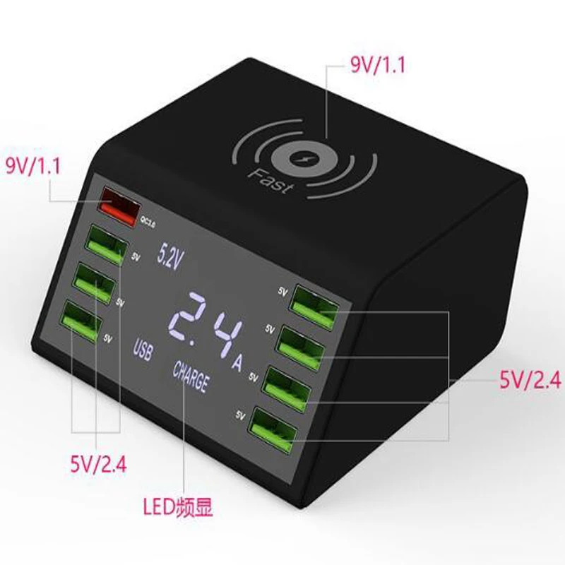 Беспроводное зарядное устройство QC 3 0 с цифровым дисплеем 8USB 60 Вт|Беспроводные