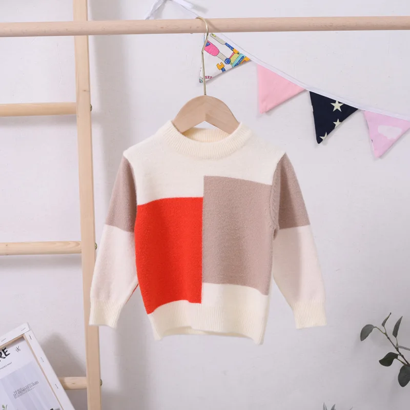 Autumn Winter Toddler Boys Sweater Baby Knitwear Tops Plaid Patchwork Kids Pullover Girls Clothes RT163