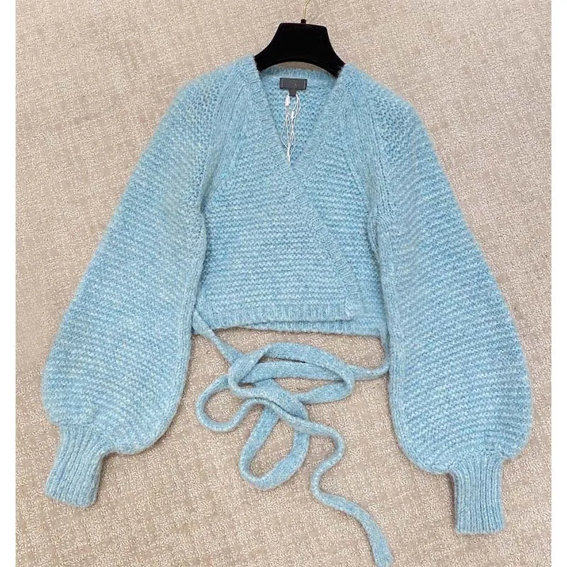 

Женский трикотажный кардиган с рукавом фонарик, V-образным вырезом