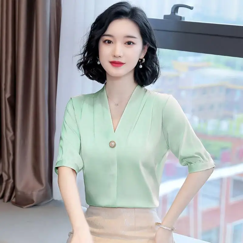

Chiffon Blouse Women 2021 Summer Chiffon Shirts Blouse Tops Fashion Casual V-Neck Loose short sleeve Blouses Femme Blusa