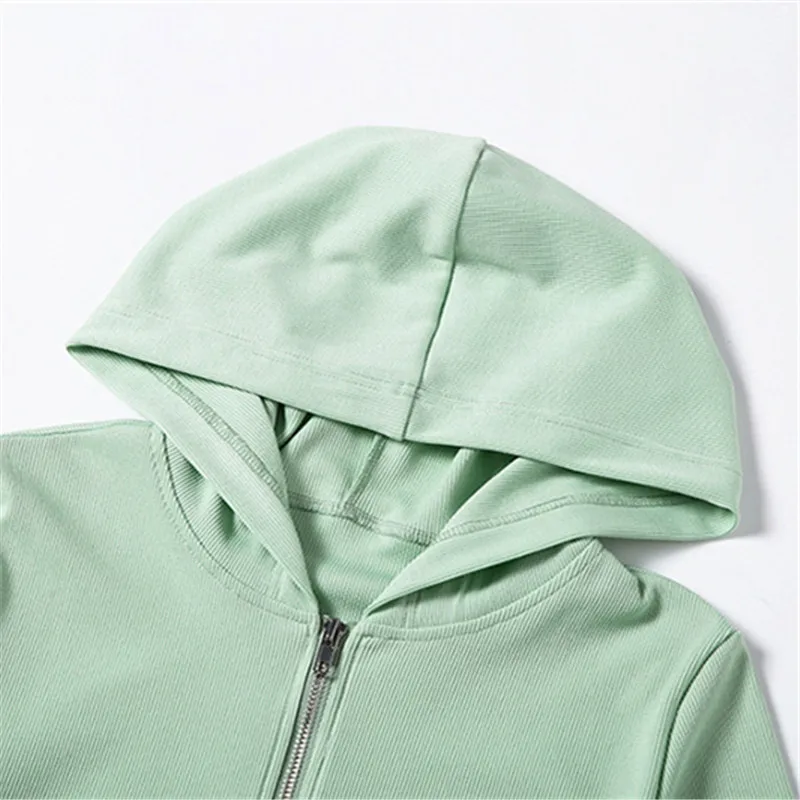 

2019 Autumn Street Fashion Double Zipper Hooded Outwear Navel Bare Crop Tops Women Long Sleeve Knitted Slim Fitness Solid Coat