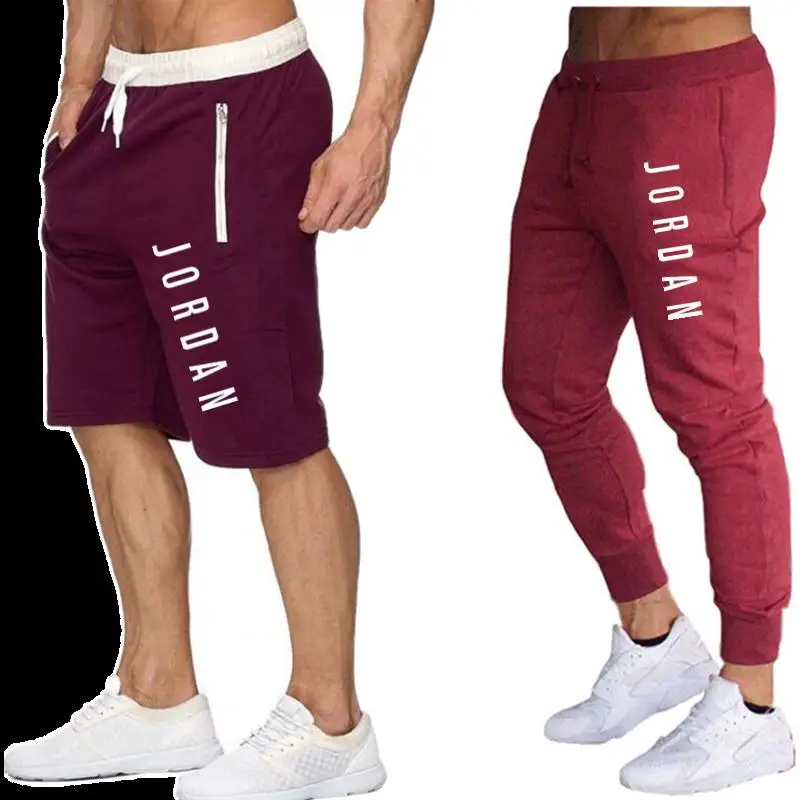 

Summer men's brand men's casual cotton shorts + sports pants two piece set plus size fitness men's bodybuilding Pants Set