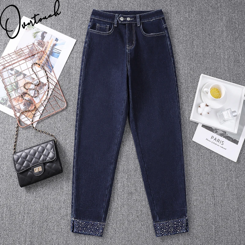 

Overtouch Women Cothing Jeans Long Pants Oversize Cotton Denim Fleece Thick Elastic Waist Fashion Lady Trousers Autumn Winter