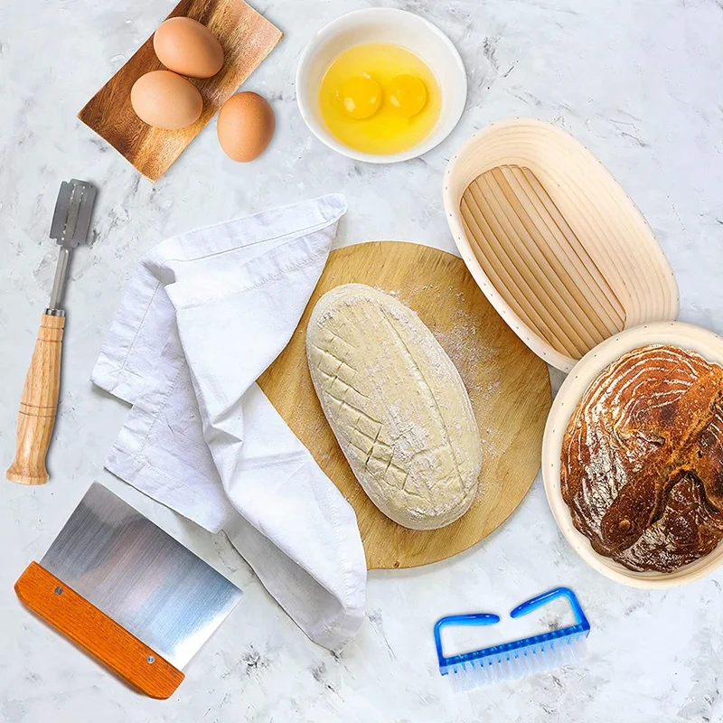 

Banneton Bread Proofing Basket Set of 2, 9 Inch Round & 10 Inch Oval Rattan Sourdough Baskets,Dough Scraper,and More