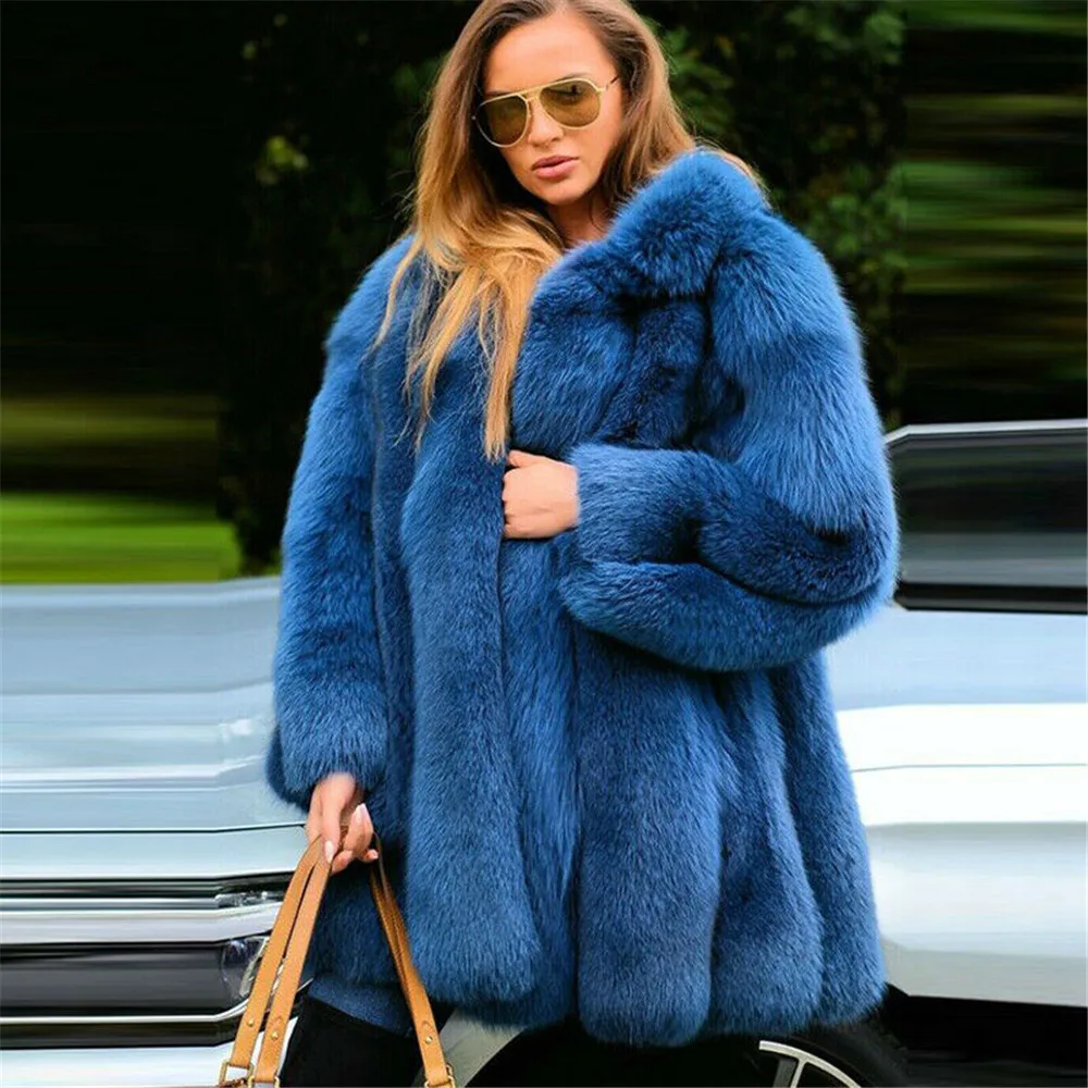 

Women Natural Fox Fur Jacket Lapel Collar 2021 Trendy Royal Blue Full Pelt Genuine Fox Fur Coat Medium Length Warm Fur Overcoats