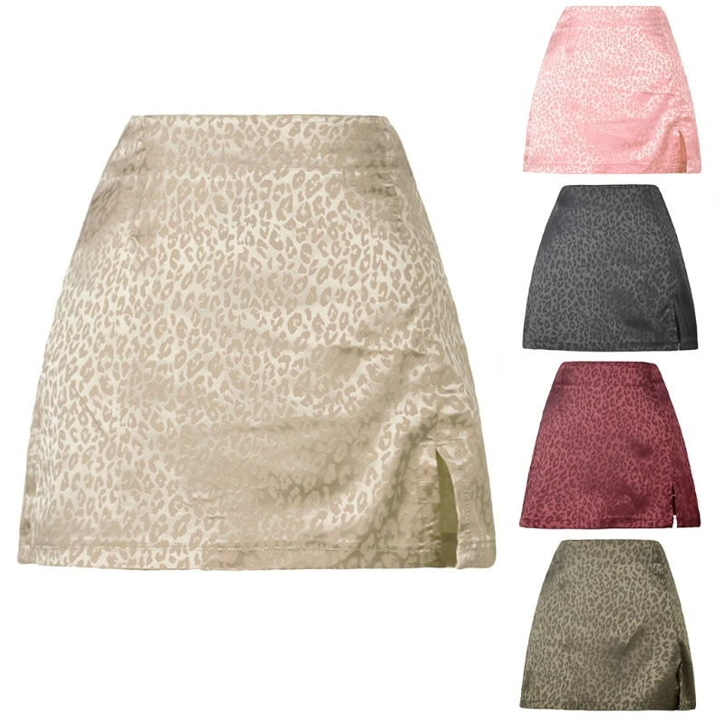 

Женская атласная мини-юбка трапециевидной формы, с высокой талией и разрезом по бокам, на молнии, с леопардовым принтом, 2021