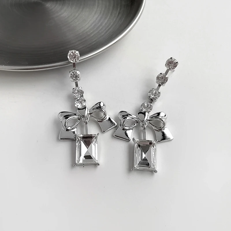 

Trendy 925 Silver Geometry Bowknot Crystal Drop Earrings for Women Bling AAA Zirconia S925 Silver Needle Jewelry Wedding Party