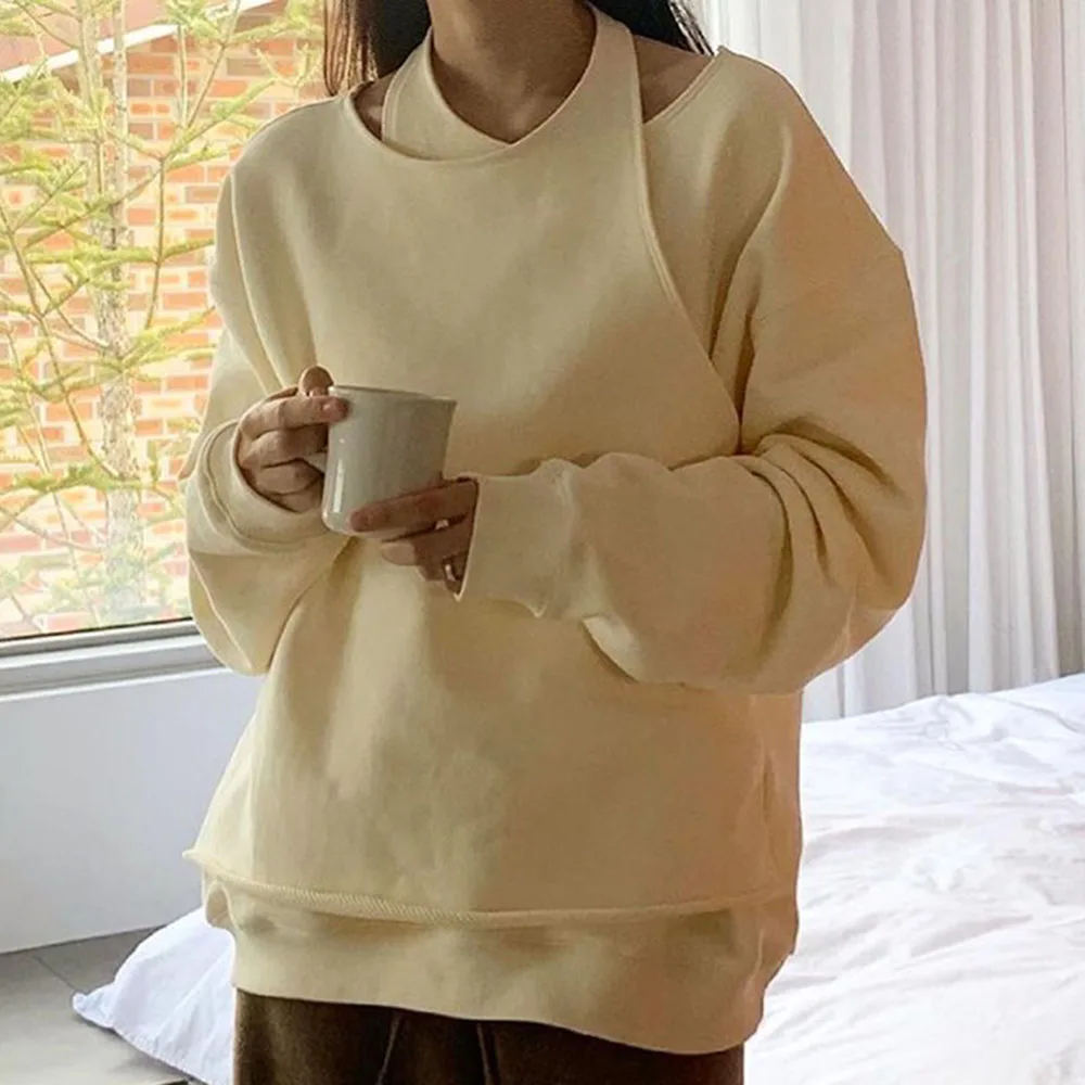 

2021 European American Autumn Winter Models Solid Color Halter Long-sleeved Stitching Fashion Casual Blouse Hoodie Round Neck