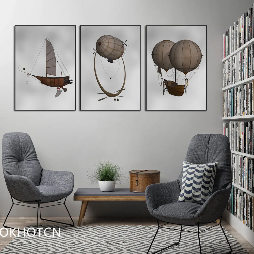 

Nordic Retro Minimalist Hand-painted Spaceship Hot Air Balloon Triptych Frameless Painting Wall Art Home Decoration Poster