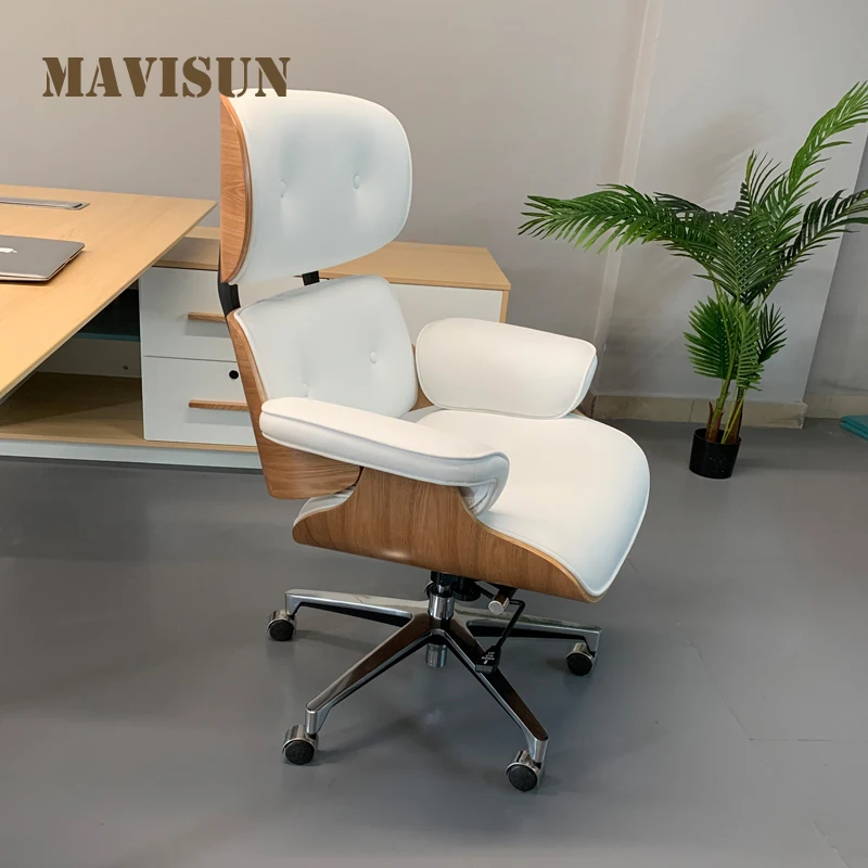 

Executive Ergonomic Chair For Office Dormitory Living Room Study Computer Gaming Armchair Genuine Leather White With Ottoman