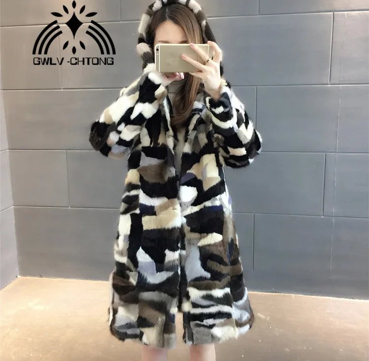 New Natural genuine real Mink Fur coat with hood Women Fashion All-match long multi-color colorfull jacket | Женская одежда