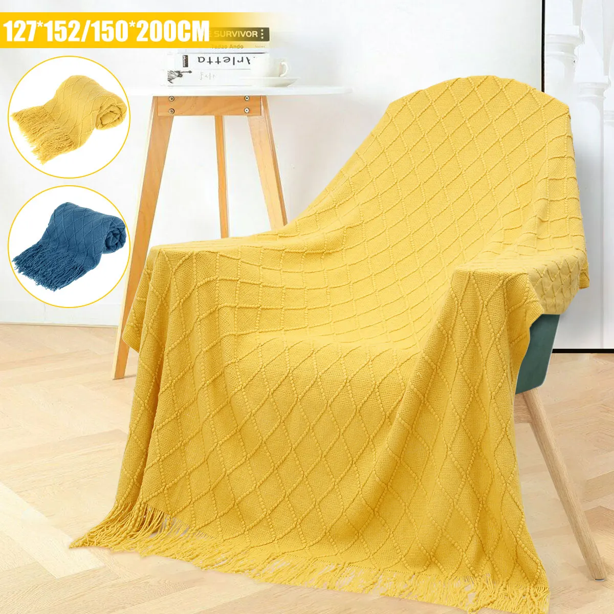 

Nordic Knitted Blanket Throw Blanket Textured Solid Soft Sofa Throw Blanket with Tassels Waffle Embossed Blanket